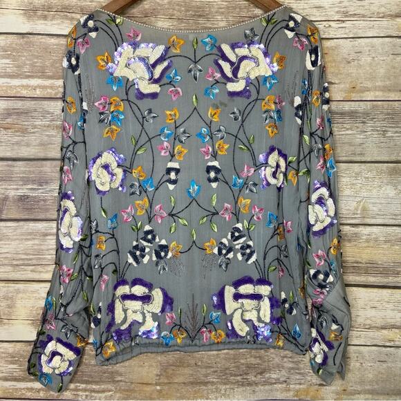 Vintage L heavily embroidered and beaded skirt set sage green floral motif - Picture 8 of 12